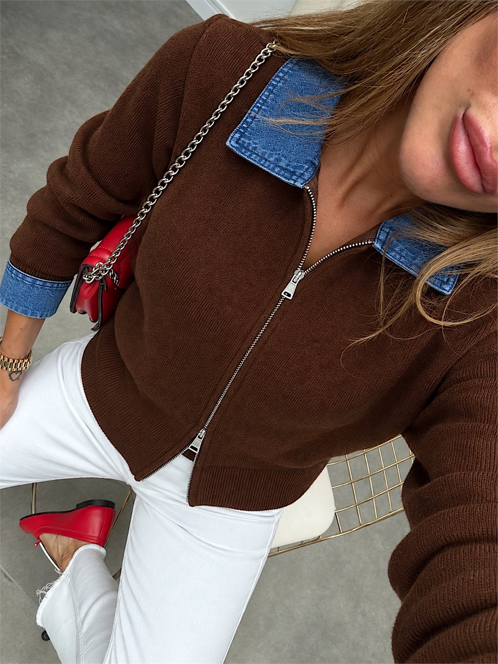 Premium Kalite Jean Detaylı Tasarım Hırka Kahverengi