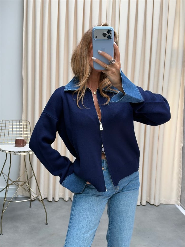Premium Kalite Jean Detaylı Tasarım Hırka Lacivert
