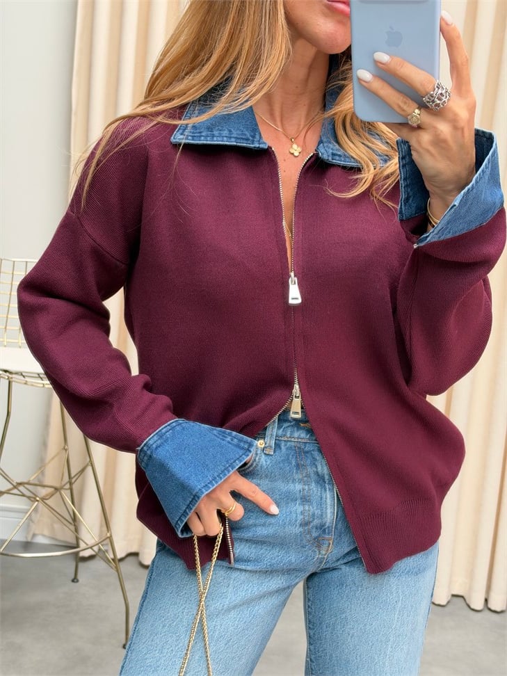 Premium Kalite Jean Detaylı Tasarım Hırka Bordo