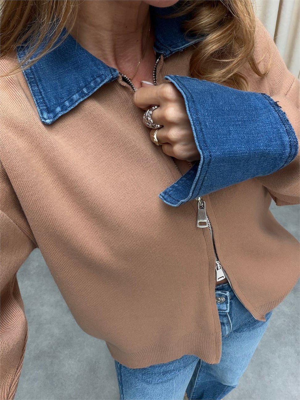 Premium Kalite Jean Detaylı Tasarım Hırka Camel