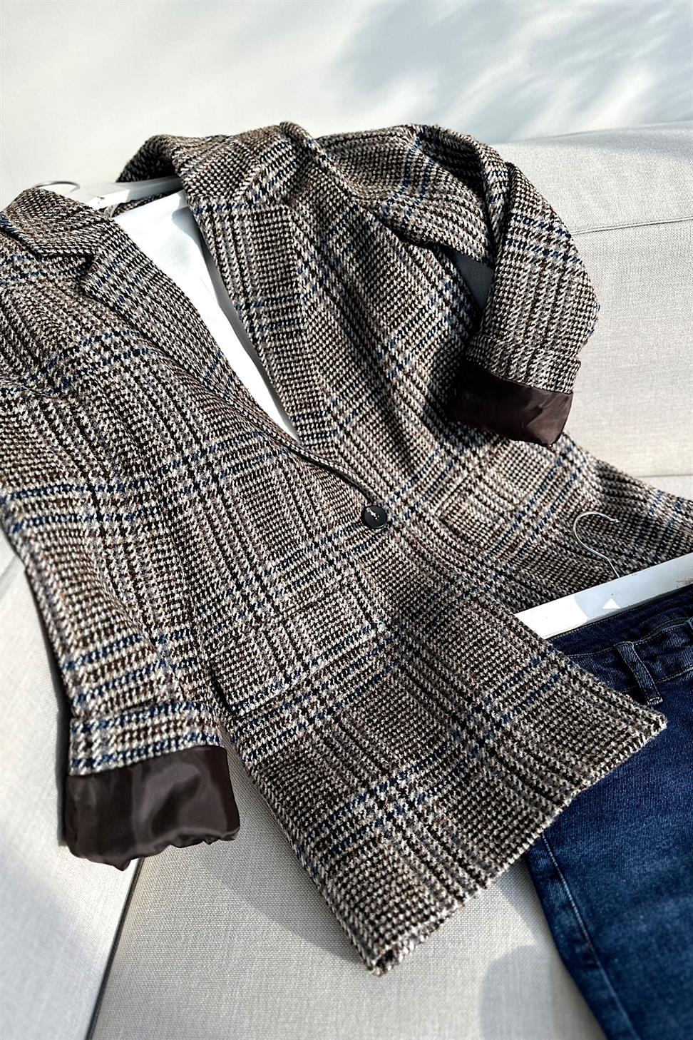 Premium Kalite Kare Desenli Blazer Ceket Kahverengi