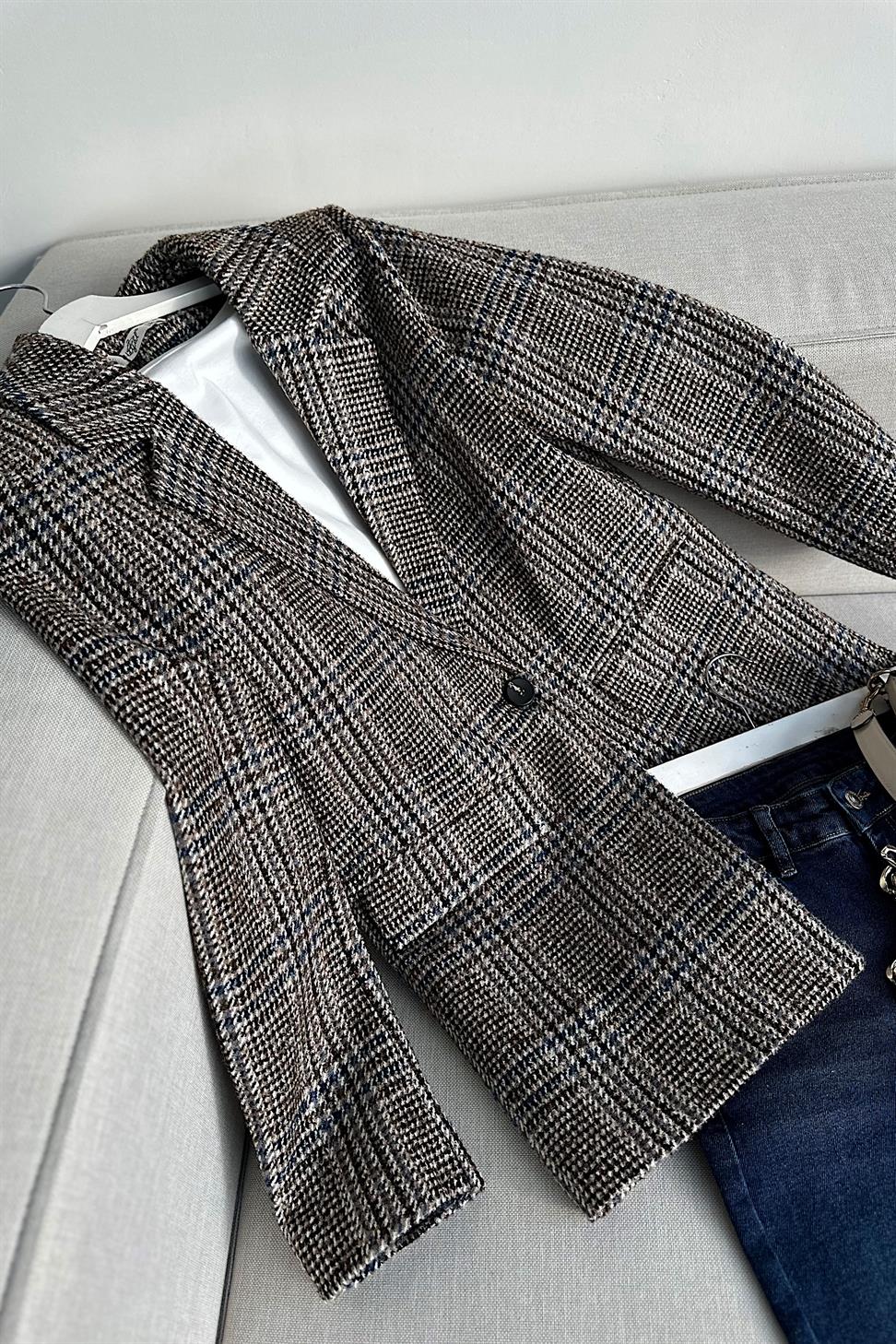Premium Kalite Kare Desenli Blazer Ceket Kahverengi