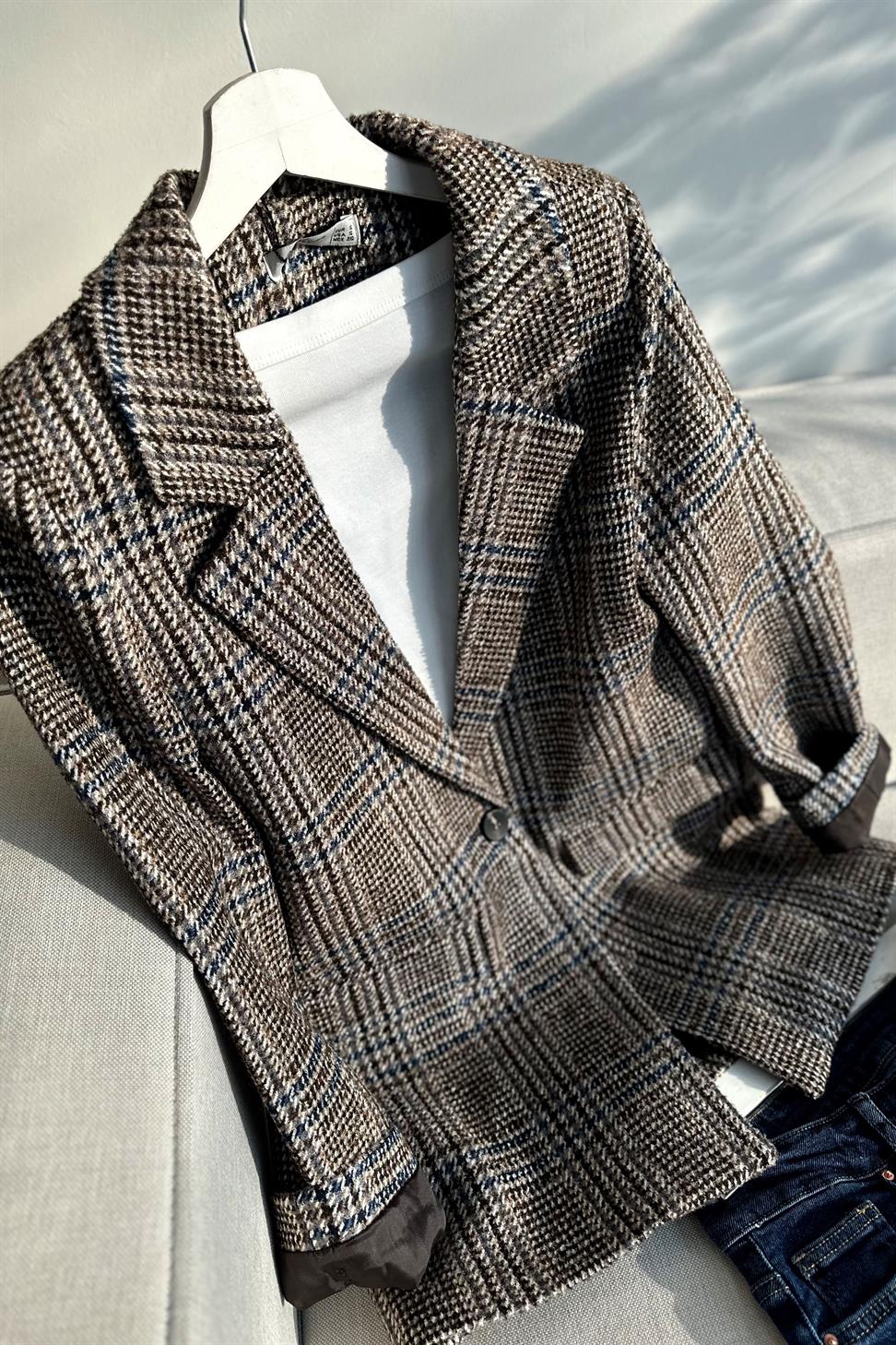 Premium Kalite Kare Desenli Blazer Ceket Kahverengi