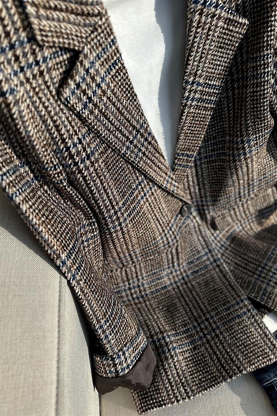 Premium Kalite Kare Desenli Blazer Ceket Kahverengi