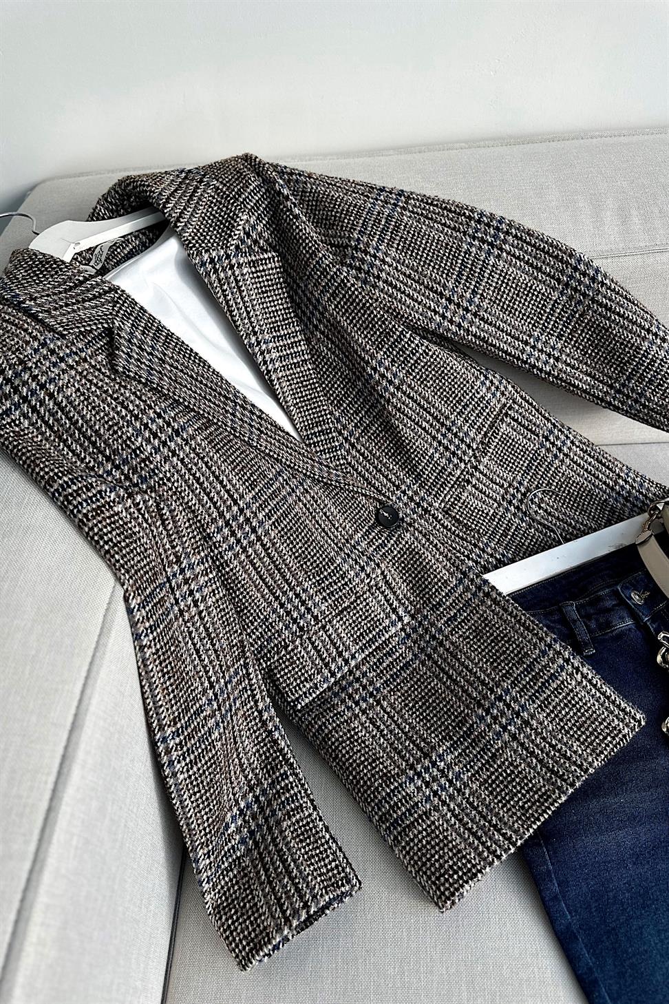 Premium Kalite Kare Desenli Blazer Ceket Kahverengi