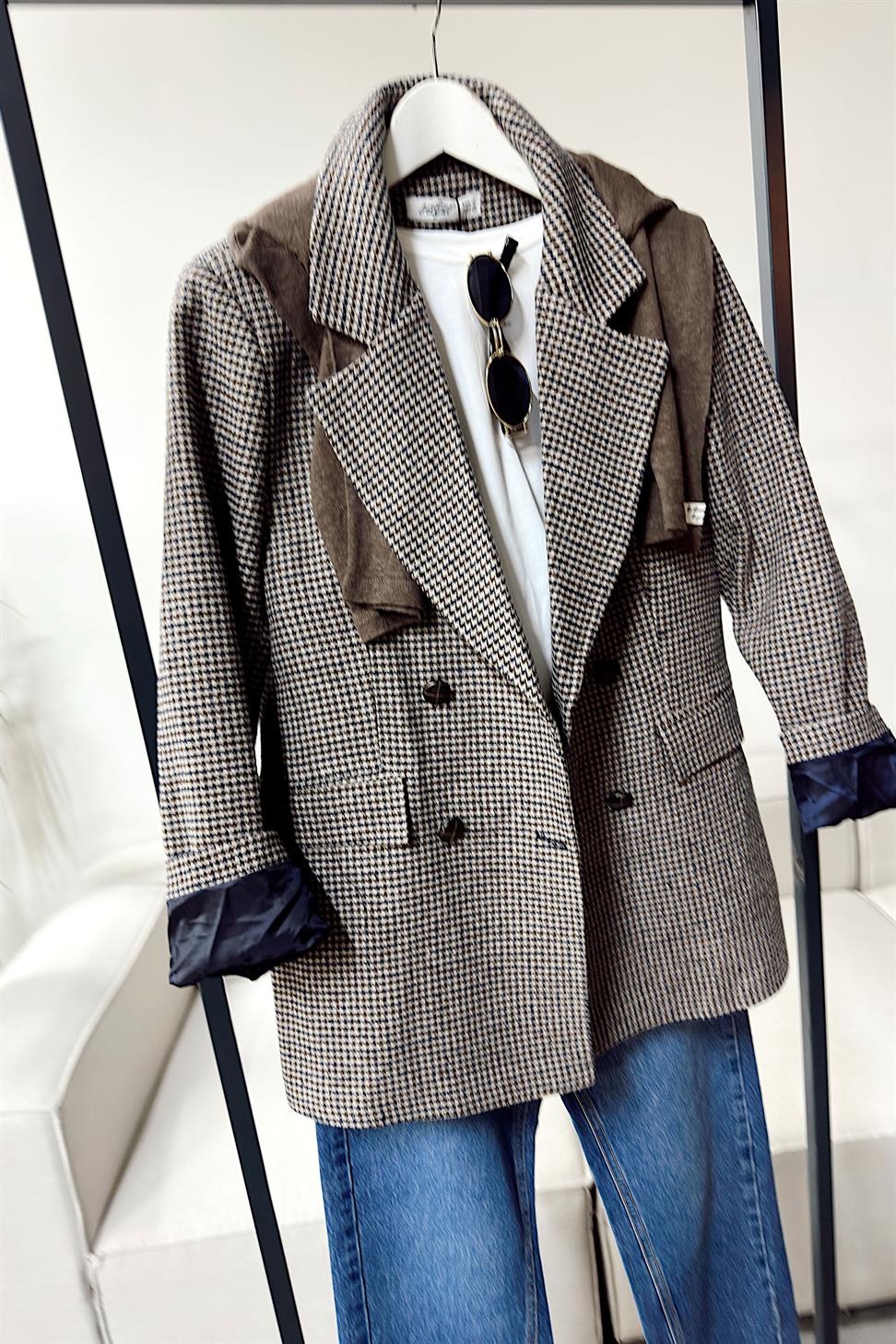 Premium Kalite Kazayağı Desenli Blazer Ceket Lacivert