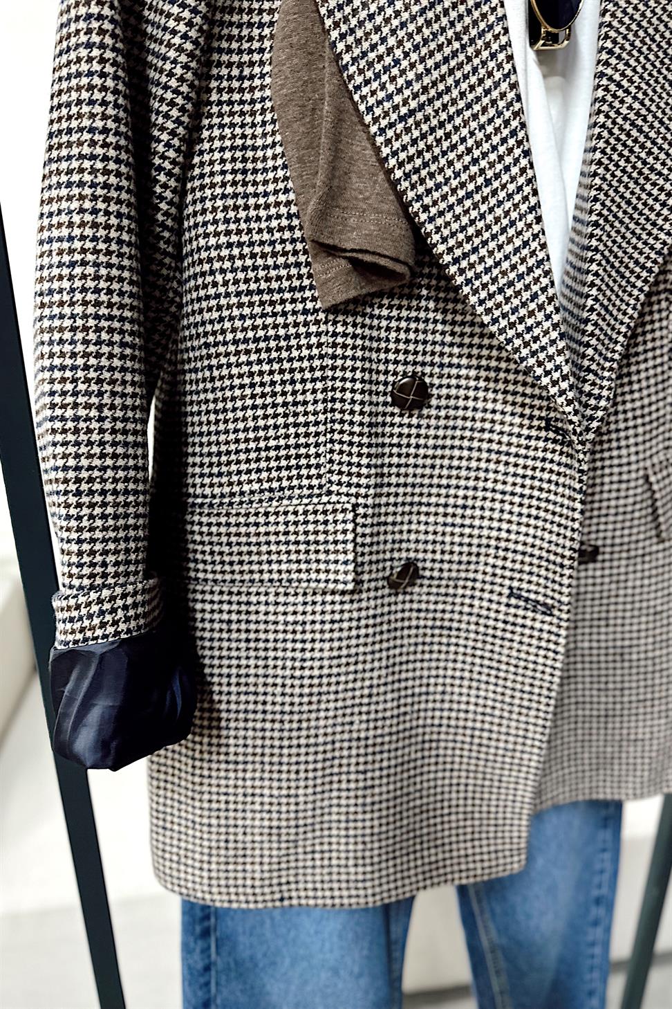 Premium Kalite Kazayağı Desenli Blazer Ceket Lacivert