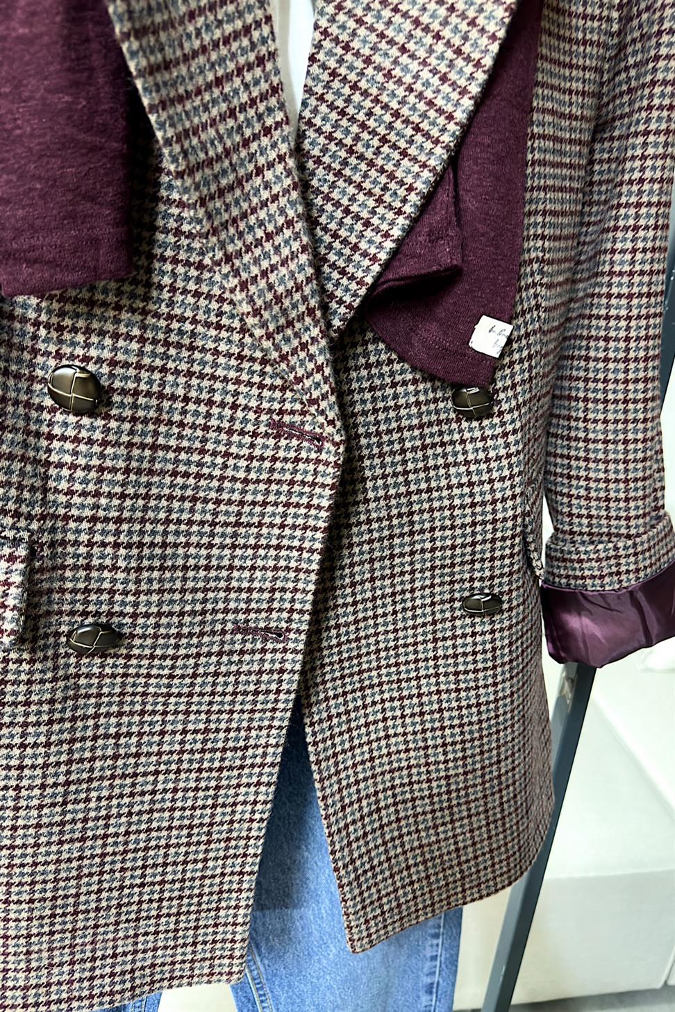 Premium Kalite Kazayağı Desenli Blazer Ceket Bordo
