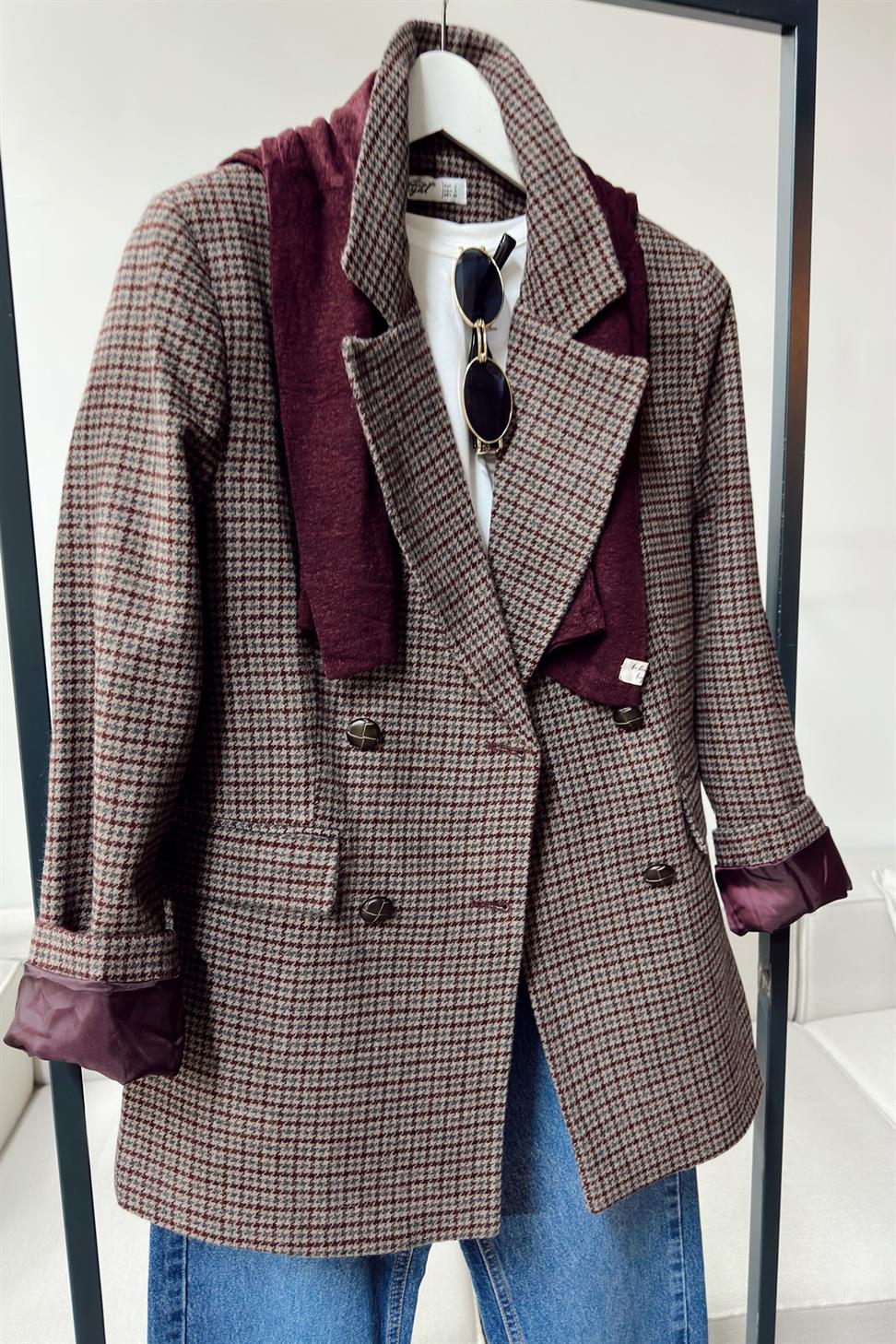 Premium Kalite Kazayağı Desenli Blazer Ceket Bordo