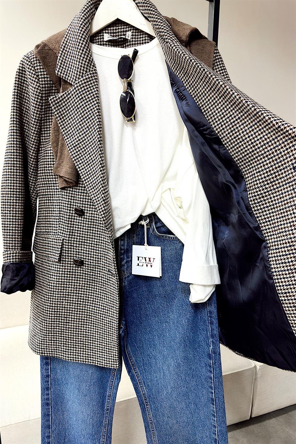 Premium Kalite Kazayağı Desenli Blazer Ceket Lacivert