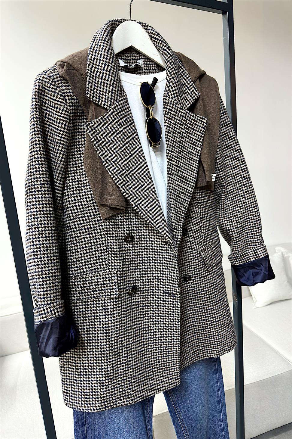 Premium Kalite Kazayağı Desenli Blazer Ceket Lacivert