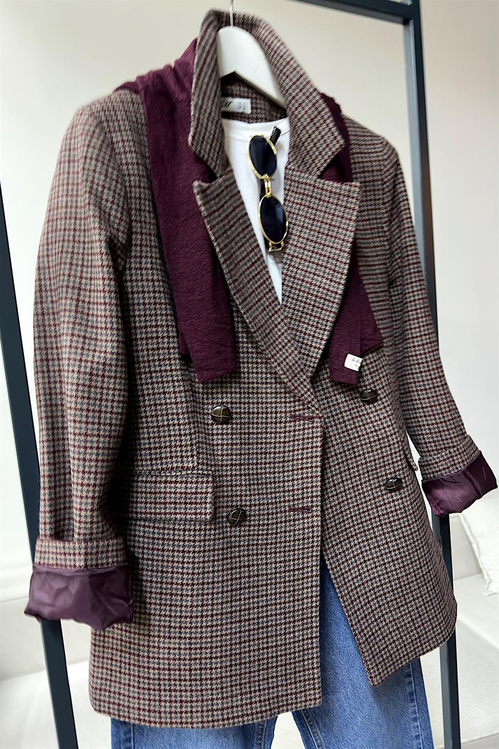 Premium Kalite Kazayağı Desenli Blazer Ceket Bordo