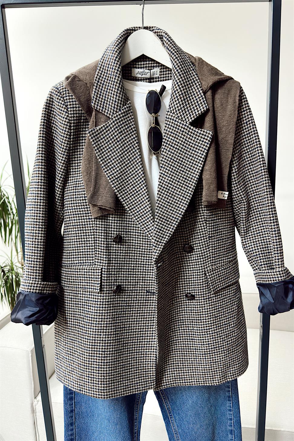 Premium Kalite Kazayağı Desenli Blazer Ceket Lacivert