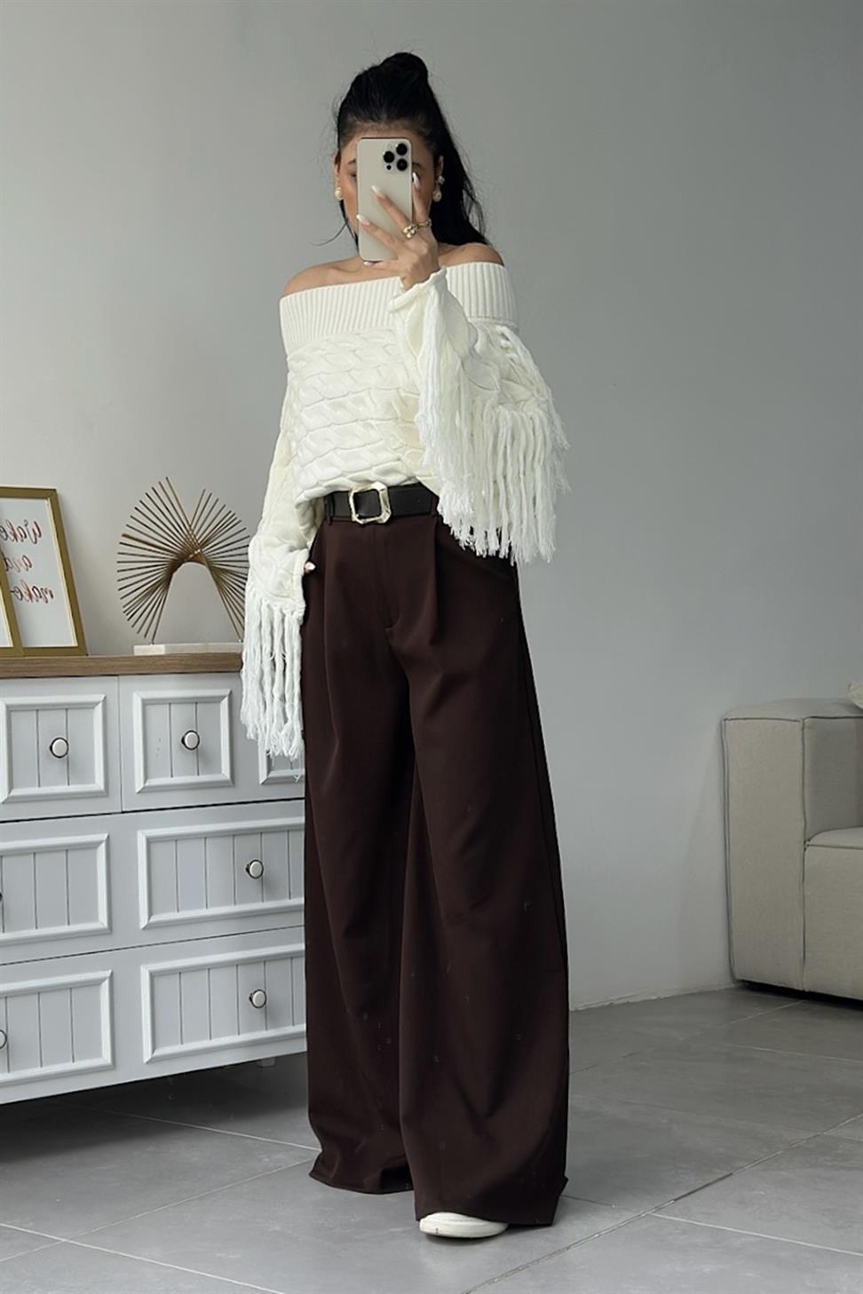 Premium Kalite Kemerli Palazzo Pantolon Acı Kahve