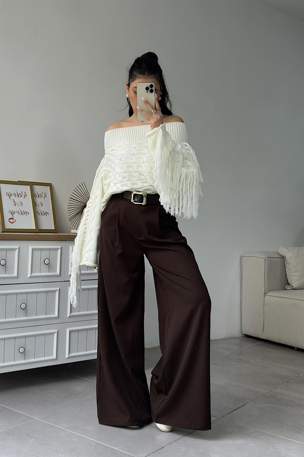 Premium Kalite Kemerli Palazzo Pantolon Acı Kahve