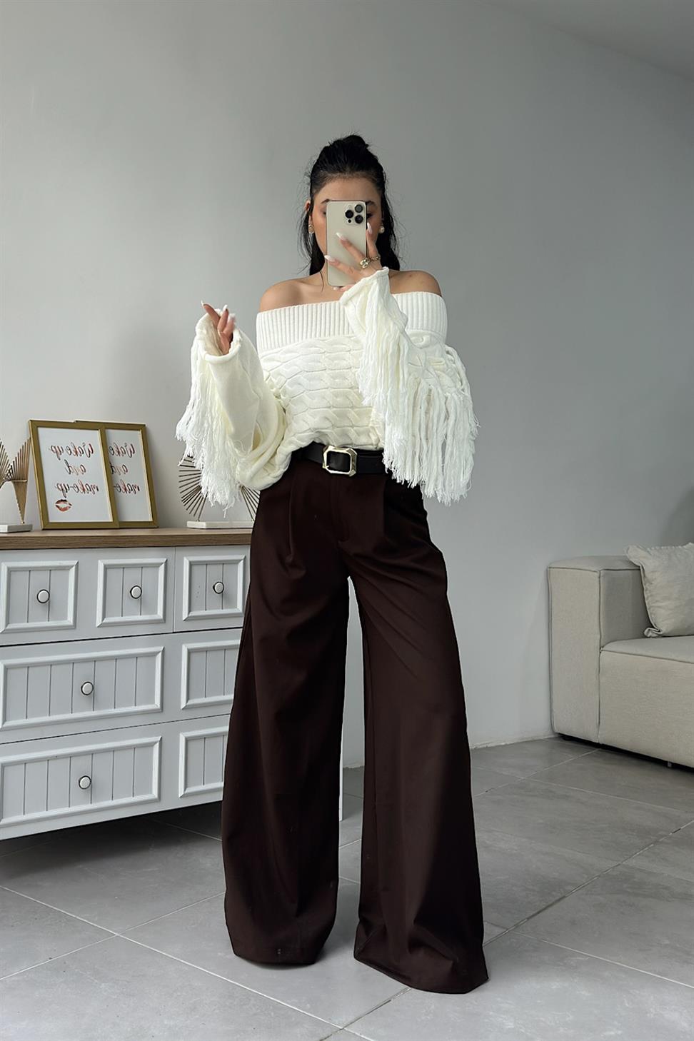 Premium Kalite Kemerli Palazzo Pantolon Acı Kahve