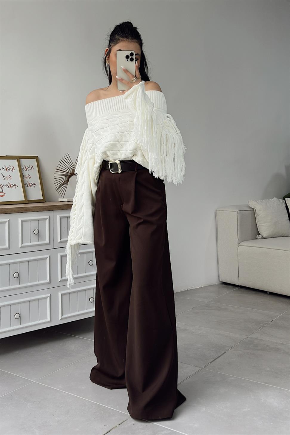 Premium Kalite Kemerli Palazzo Pantolon Acı Kahve