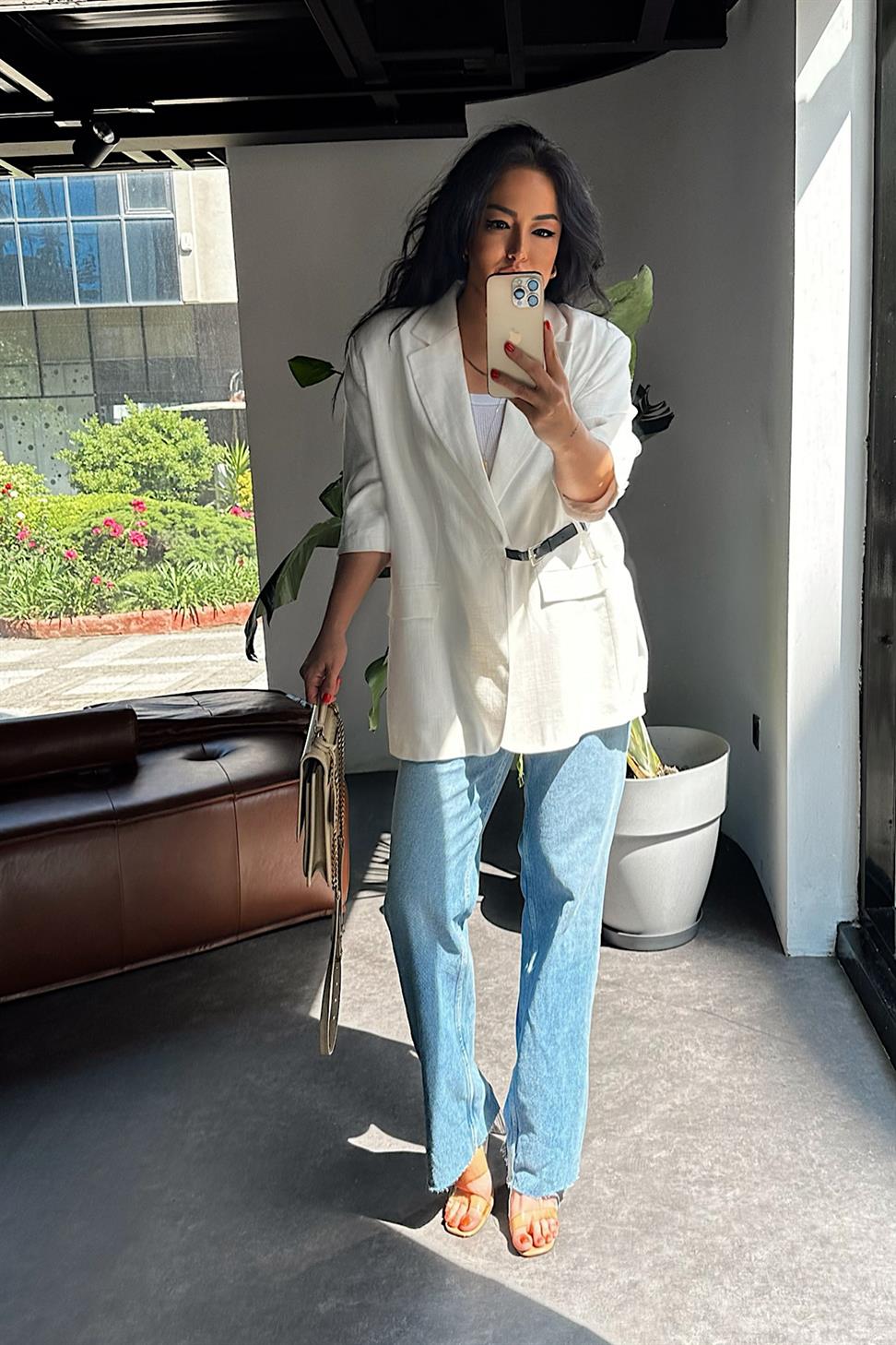 Premium Kalite Kemerli Tasarım Blazer Ceket Ekru