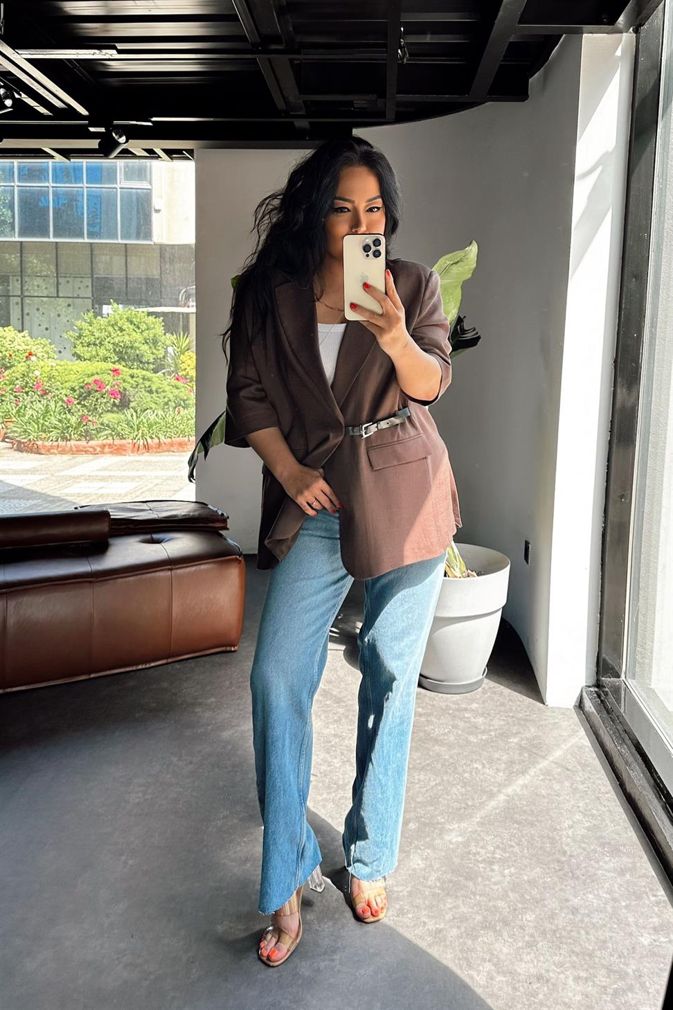 Premium Kalite Kemerli Tasarım Blazer Ceket Acı Kahve