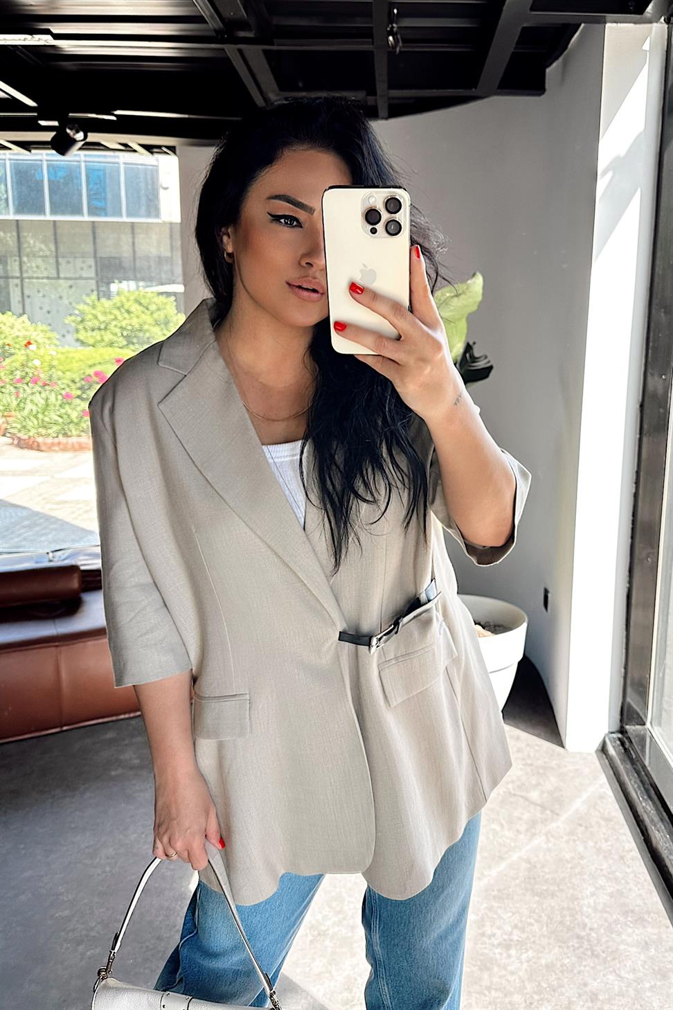 Premium Kalite Kemerli Tasarım Blazer Ceket Taş
