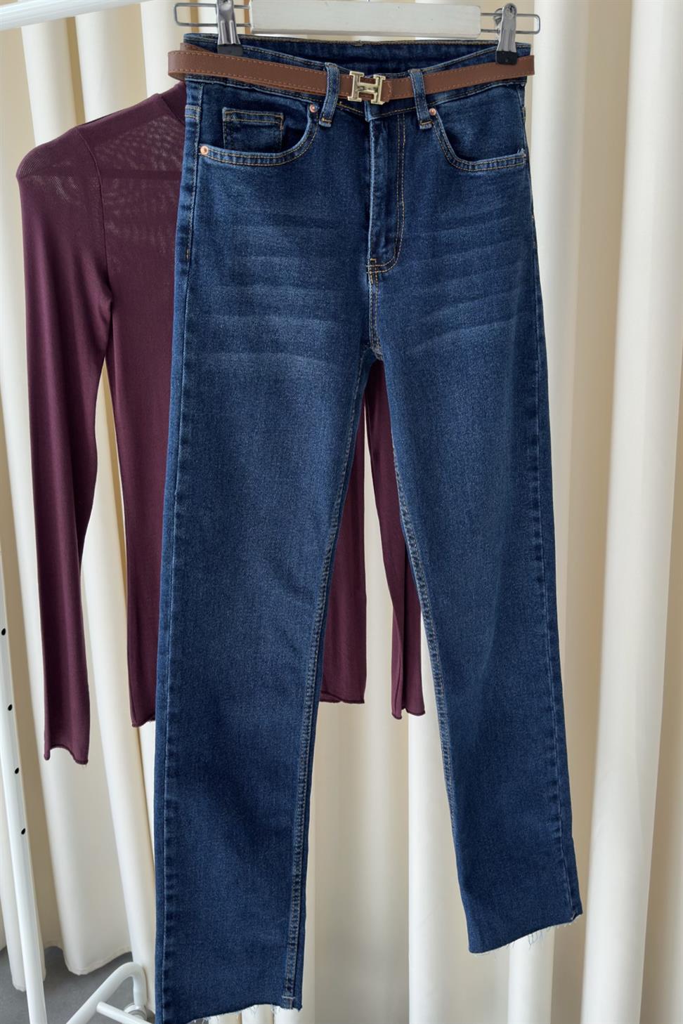 Premium Kalite Kesik Paça Boyfriend Jean Pantolon Koyu Mavi