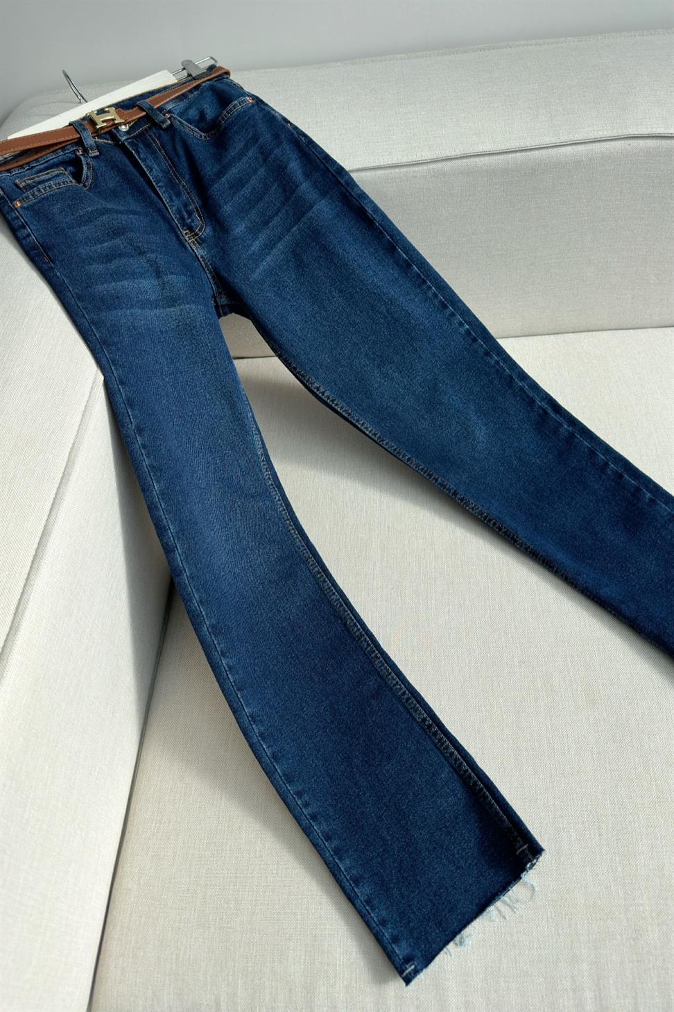 Premium Kalite Kesik Paça Boyfriend Jean Pantolon Koyu Mavi