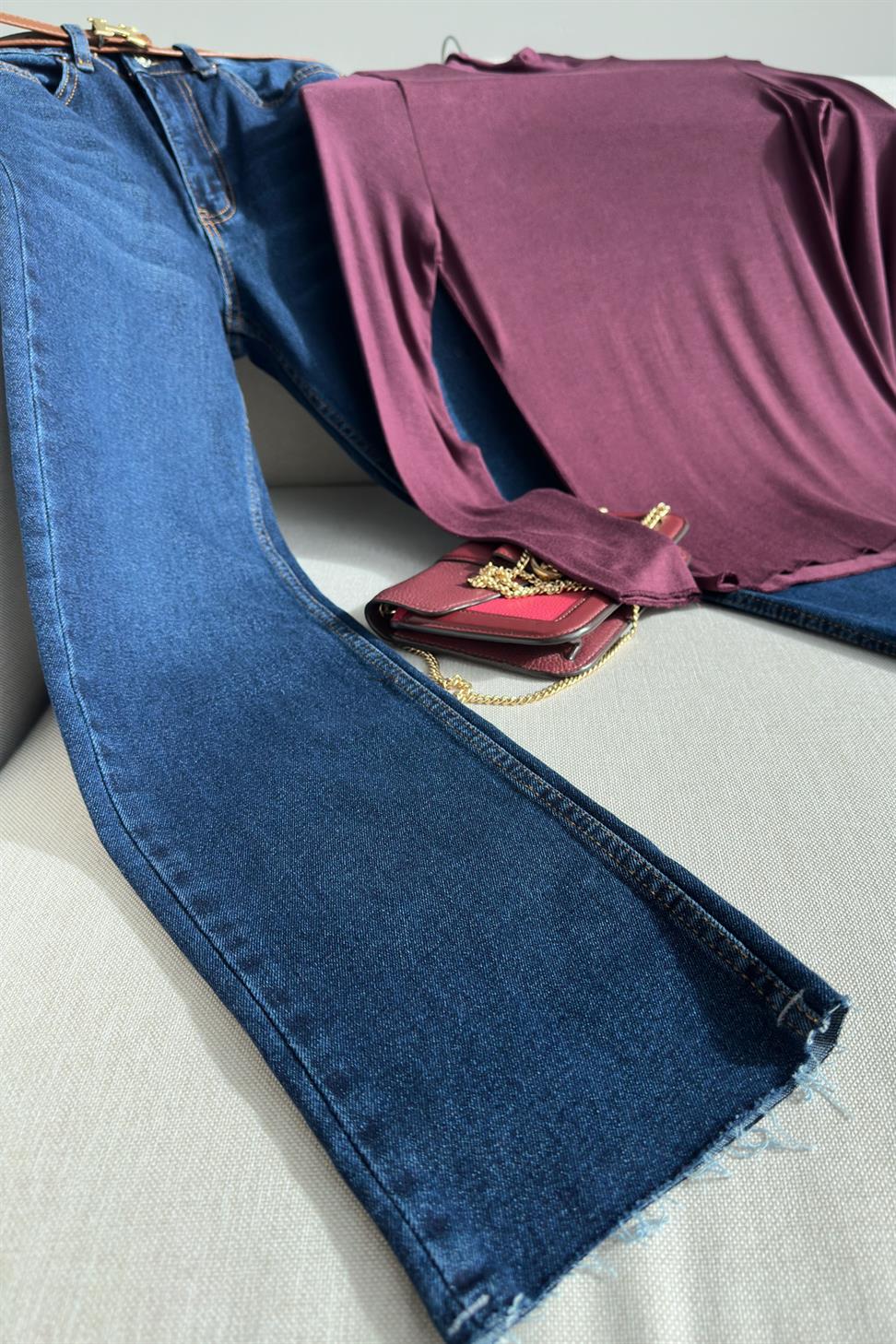 Premium Kalite Kesik Paça Boyfriend Jean Pantolon Koyu Mavi