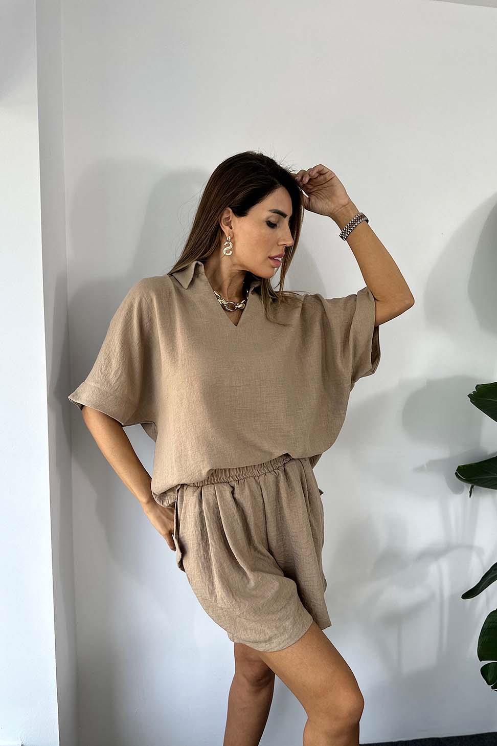 Premium Kalite Keten Kumaş Oversize Bluz Şort Kadın Takım Bej