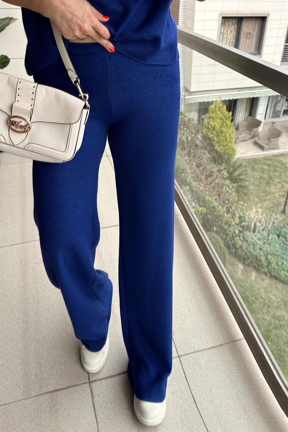 Premium Kalite Kısa Kollu İnce Fitilli Takım Saks Mavisi
