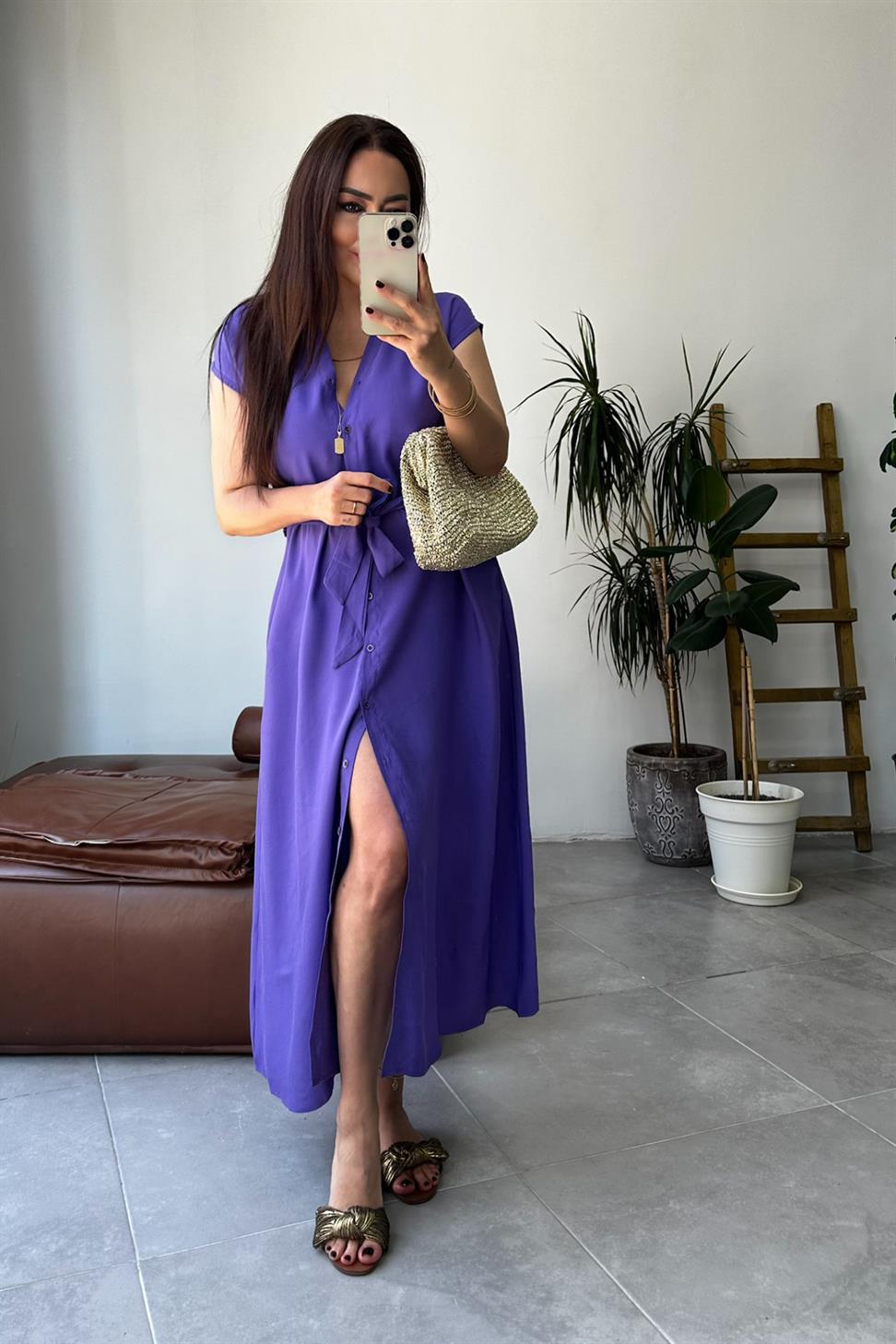 Premium Kalite Kolsuz Kuşaklı Elbise Mor