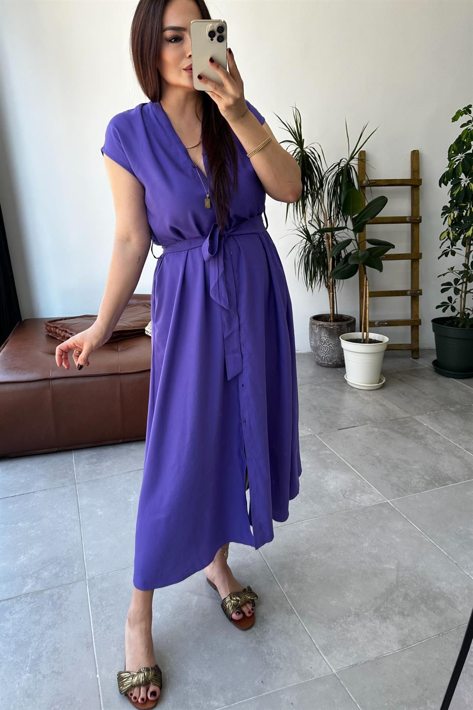 Premium Kalite Kolsuz Kuşaklı Elbise Mor