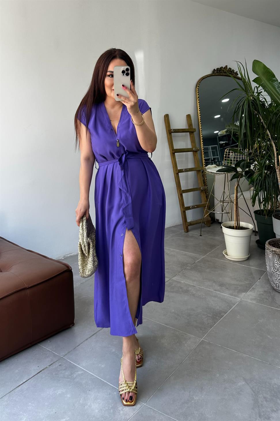 Premium Kalite Kolsuz Kuşaklı Elbise Mor