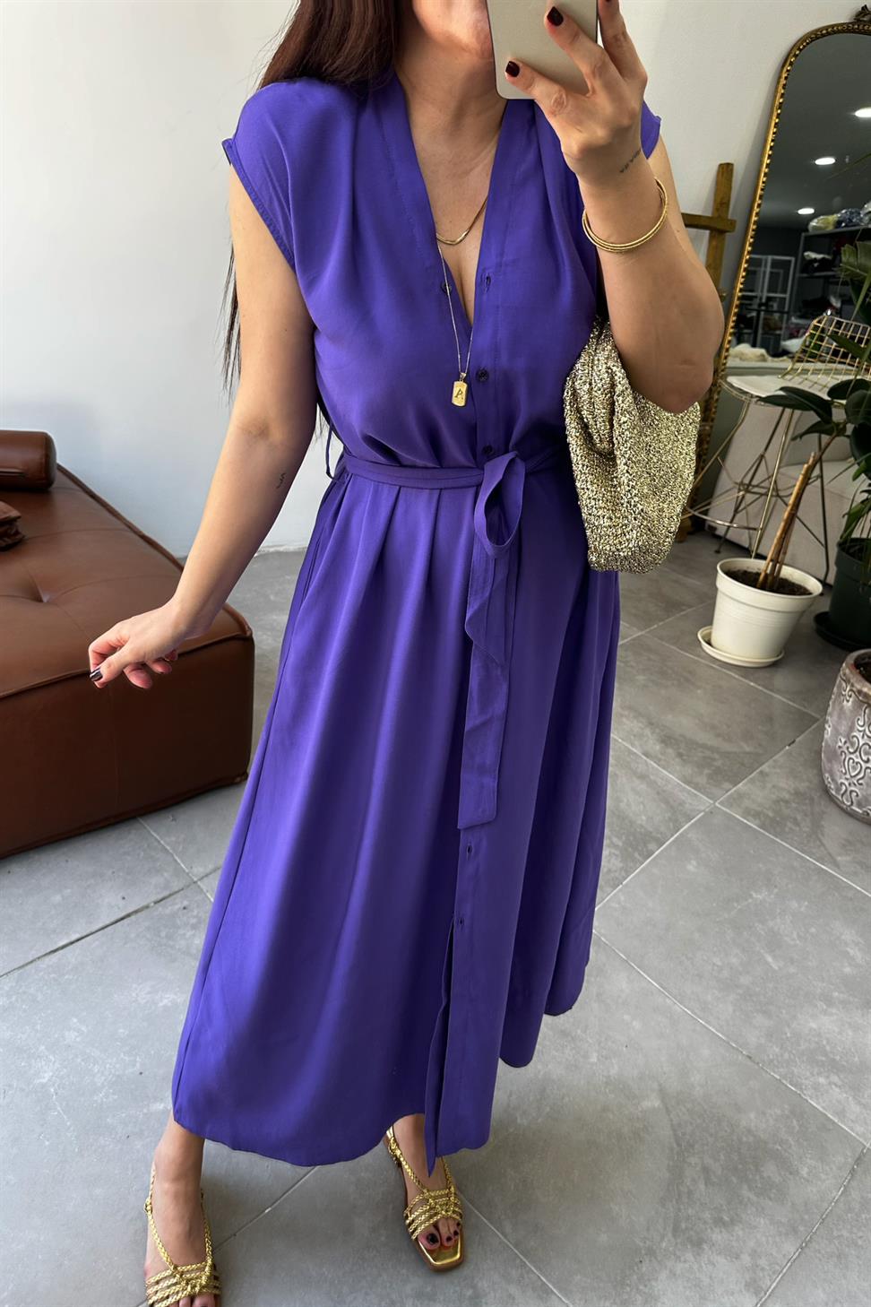 Premium Kalite Kolsuz Kuşaklı Elbise Mor