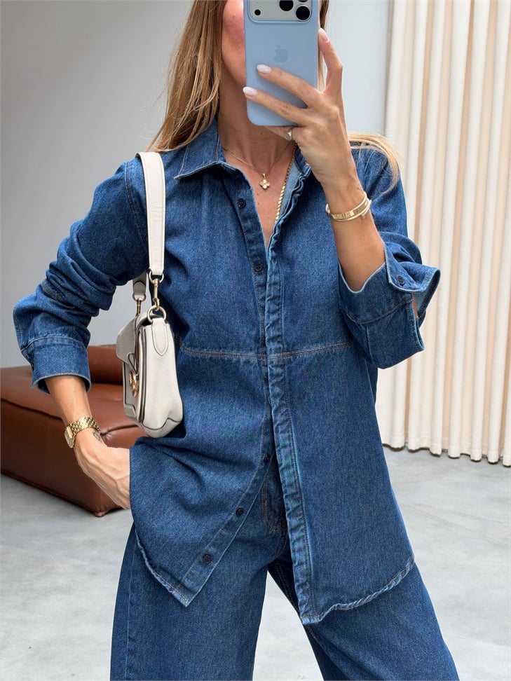 Premium Kalite Kontrast Dikişli Gizli Düğmeli Denim Gömlek Lacivert