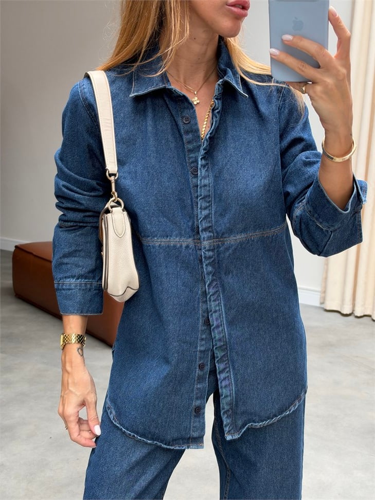 Premium Kalite Kontrast Dikişli Gizli Düğmeli Denim Gömlek Lacivert