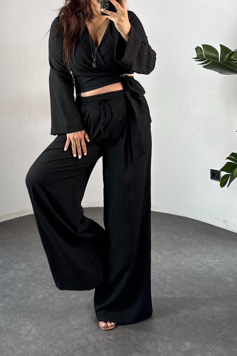 Premium Kalite Kuşaklı Salaş İkili Kadın  Takım Siyah