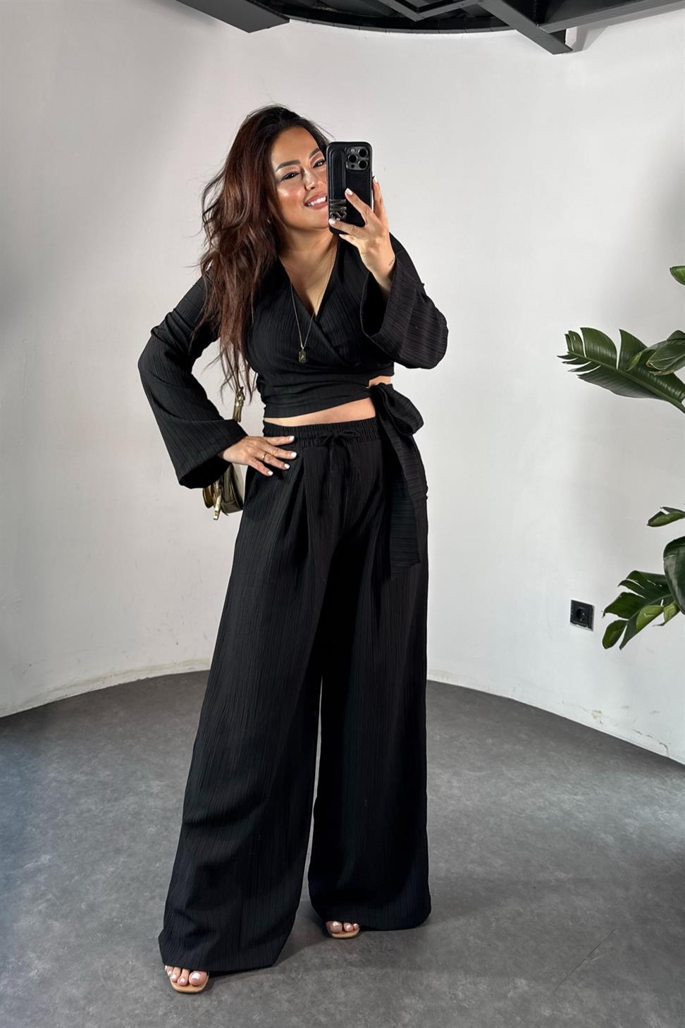 Premium Kalite Kuşaklı Salaş İkili Kadın  Takım Siyah