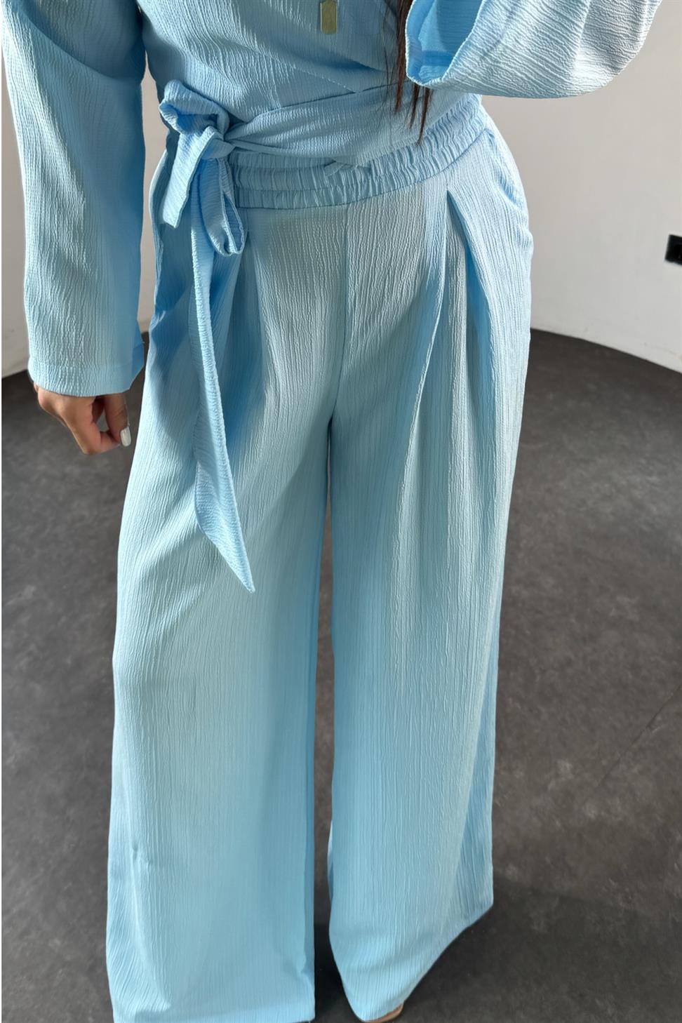 Premium Kalite Kuşaklı Salaş İkili Kadın  Takım Bebe Mavisi