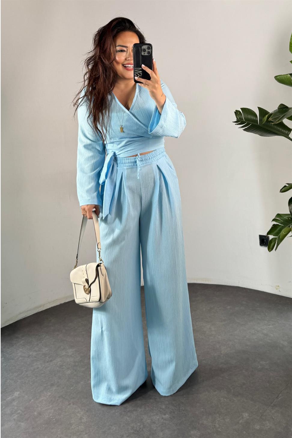 Premium Kalite Kuşaklı Salaş İkili Kadın  Takım Bebe Mavisi