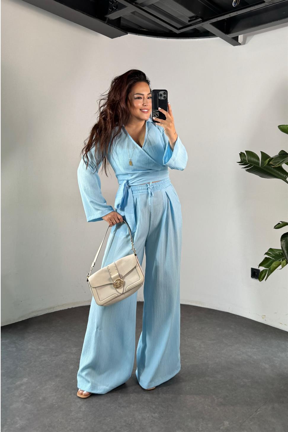 Premium Kalite Kuşaklı Salaş İkili Kadın  Takım Bebe Mavisi