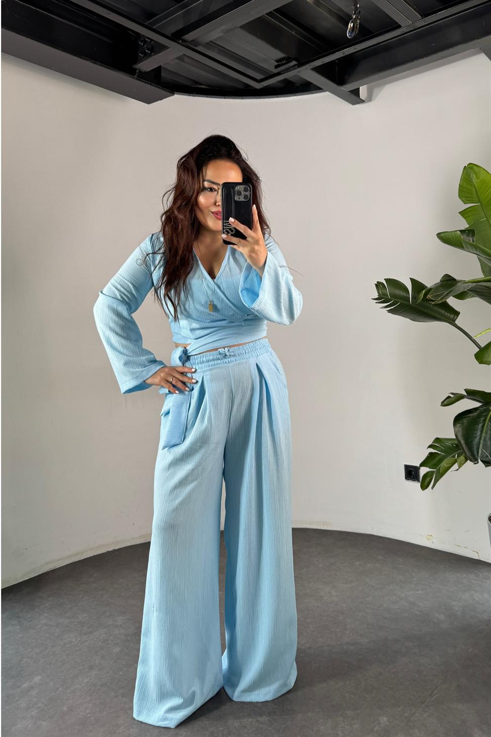 Premium Kalite Kuşaklı Salaş İkili Kadın  Takım Bebe Mavisi