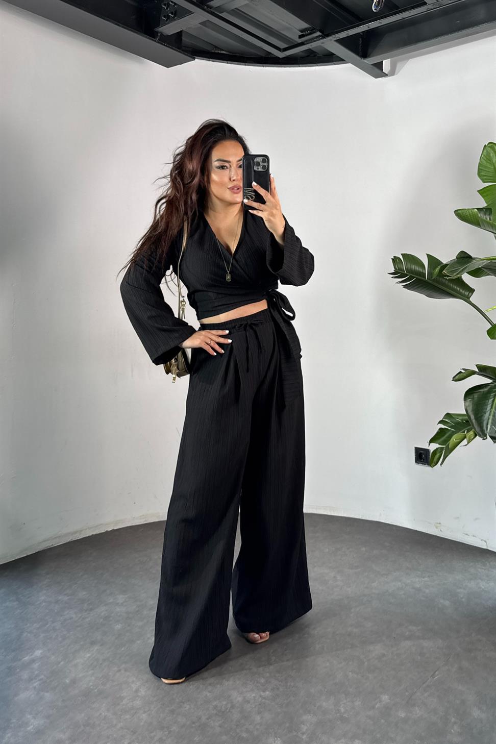 Premium Kalite Kuşaklı Salaş İkili Kadın  Takım Siyah