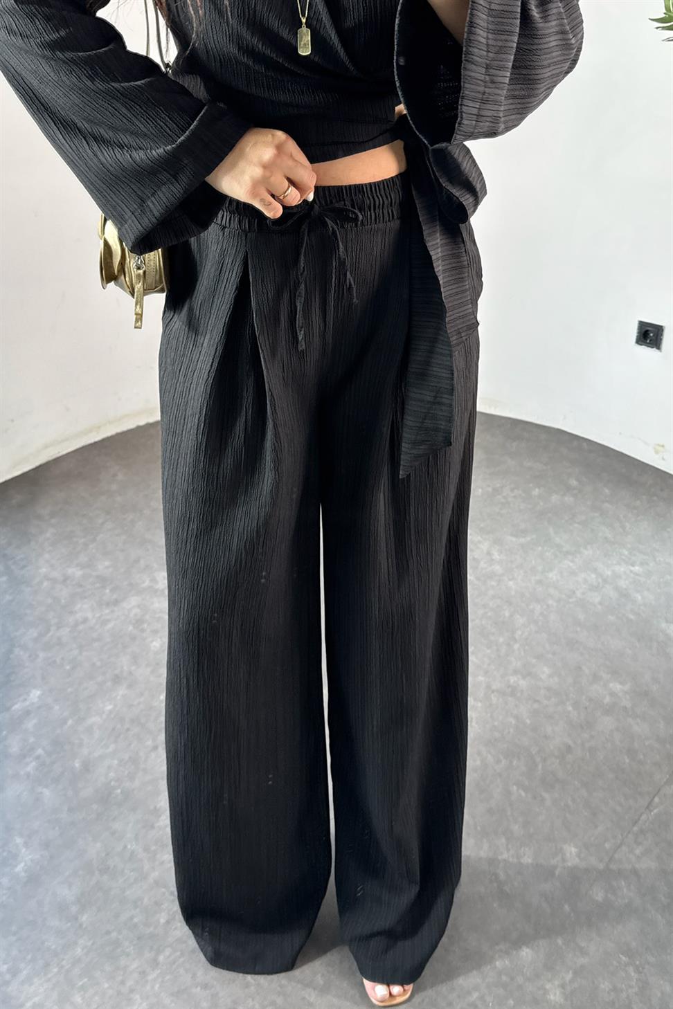 Premium Kalite Kuşaklı Salaş İkili Kadın  Takım Siyah