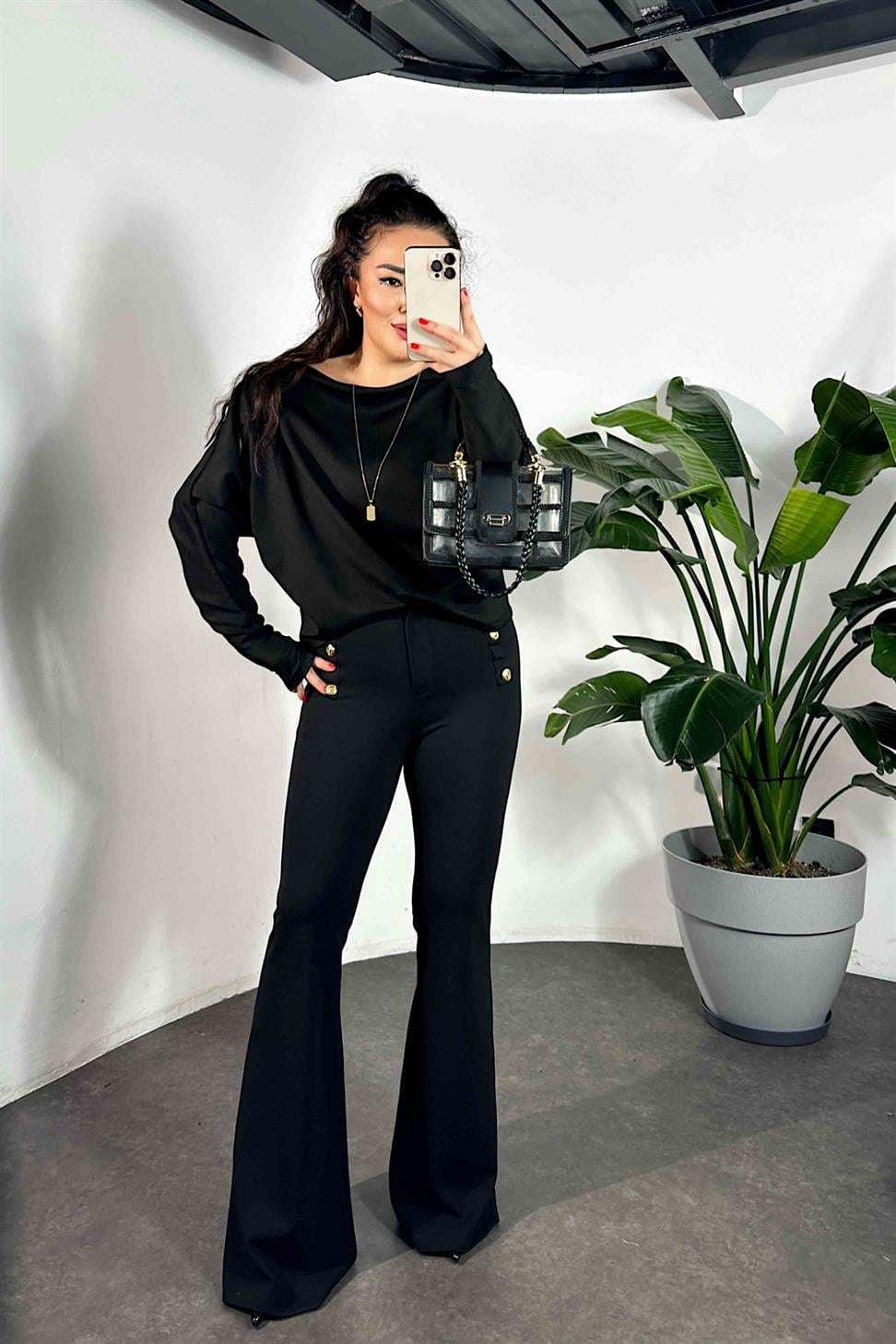 Premium Kalite Likralı Gold Düğmeli İspanyol Pantolon Siyah