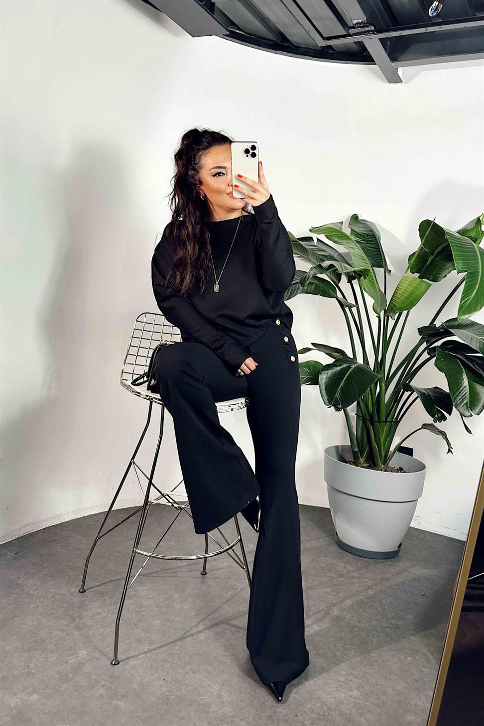 Premium Kalite Likralı Gold Düğmeli İspanyol Pantolon Siyah