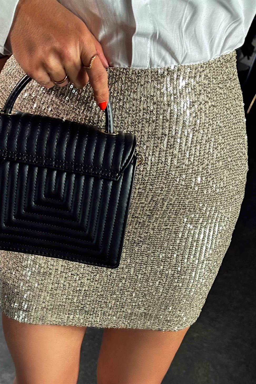 Premium Kalite Likralı Pul payetli Mini Kadın Etek Bej