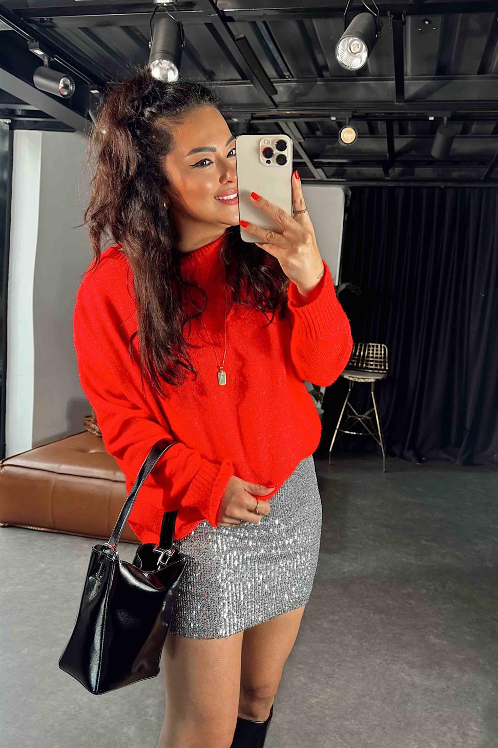 Premium Kalite Likralı Pul payetli Mini Kadın Etek Gümüş