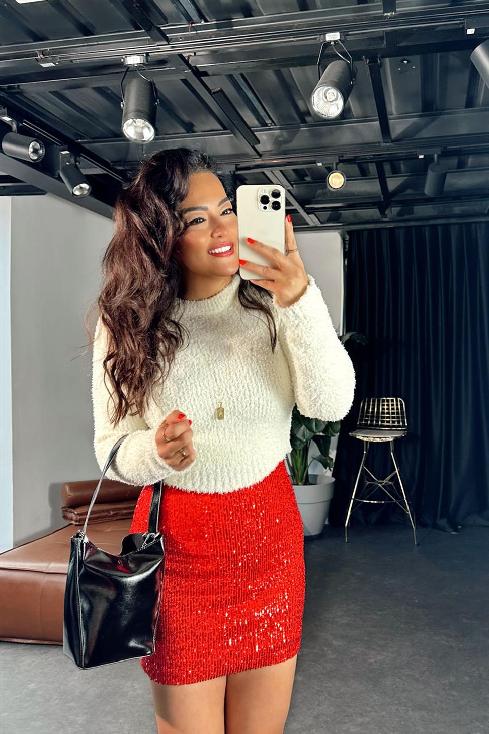 Premium Kalite Likralı Pul payetli Mini Kadın Etek Kırmızı