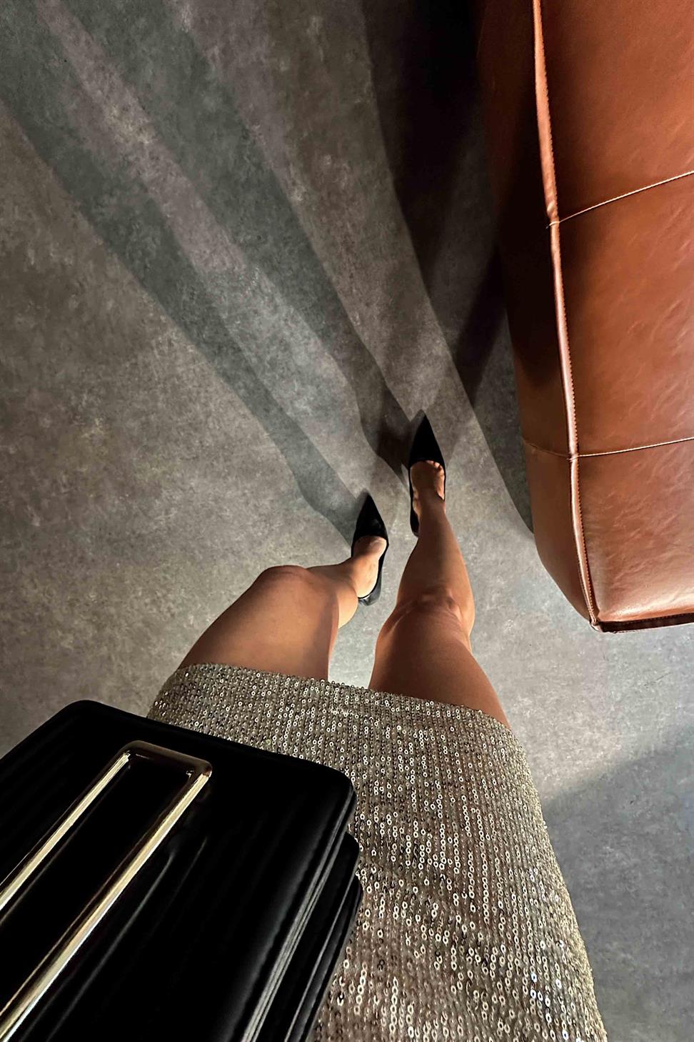 Premium Kalite Likralı Pul payetli Mini Kadın Etek Bej