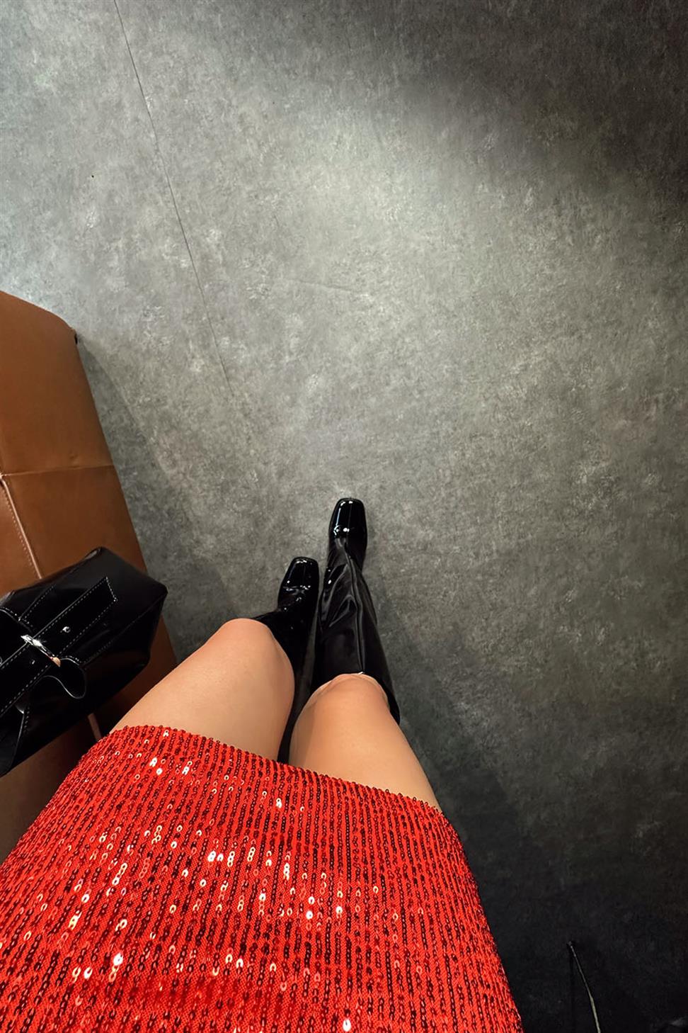 Premium Kalite Likralı Pul payetli Mini Kadın Etek Kırmızı